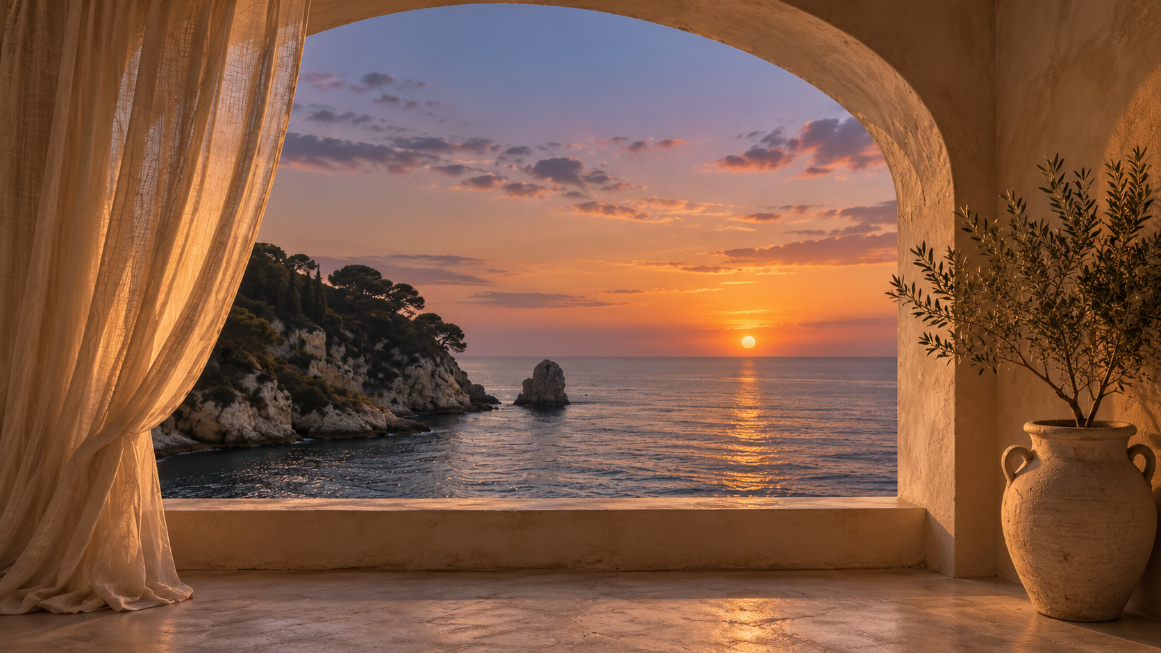 Mediterranean sunset through a stone arch, with a sheer curtain and an olive tree